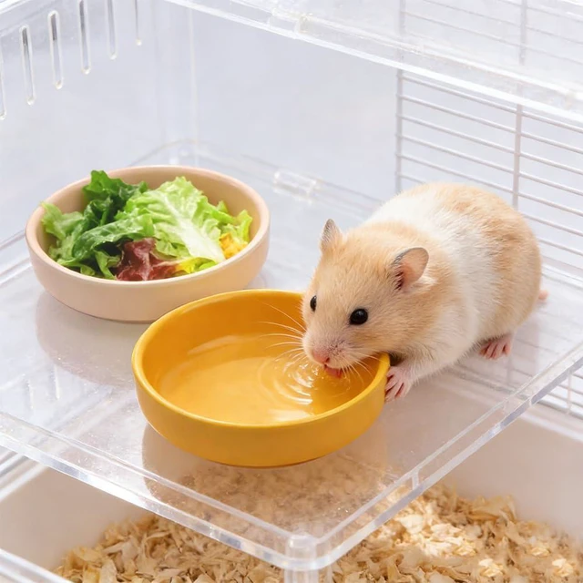 Alt view image 3 of 7 - 2 Pack Hamster Bowl Ceramic Food and Water Dish Cute Feeder for Hamster Hedgehog Squirrel Guinea Pig Small Animals (Yellow and Red