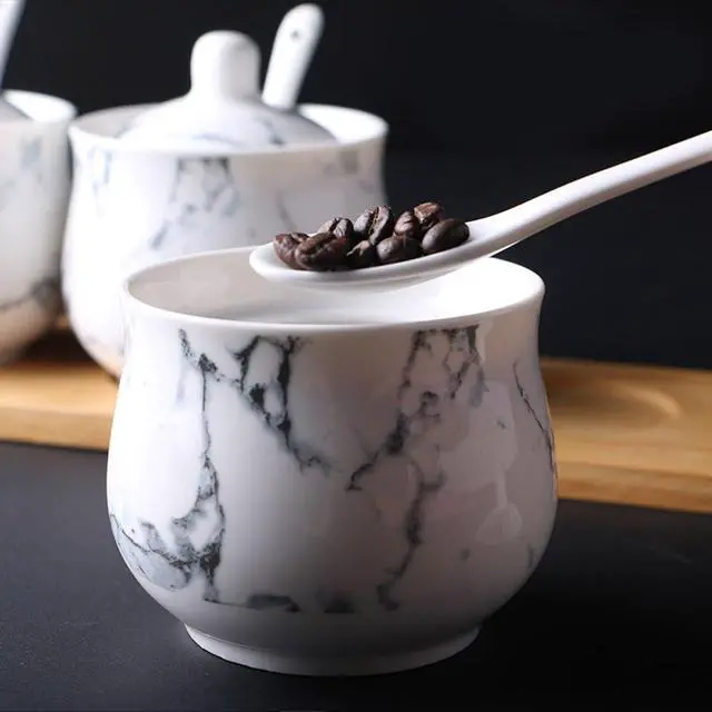 Alt view image 3 of 7 - Ceramics Marbling Sugar Salt Pepper Storage Jar Seasoning Pot with Spoon