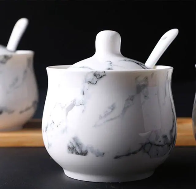 Alt view image 6 of 7 - Ceramics Marbling Sugar Salt Pepper Storage Jar Seasoning Pot with Spoon