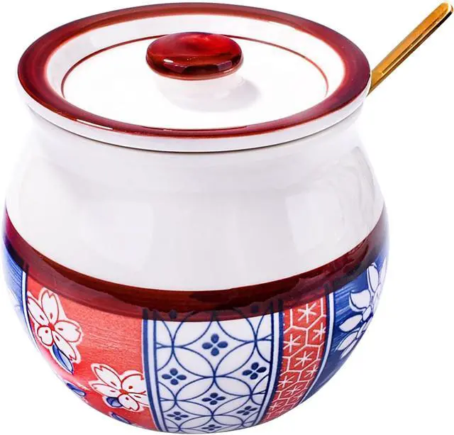 Main image of Porcelain Sugar Bowl with Lid and Spoon, 15.2oz Ceramic Salt Container
