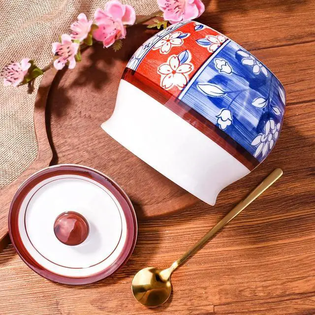 Alt view image 3 of 6 - Porcelain Sugar Bowl with Lid and Spoon, 15.2oz Ceramic Salt Container
