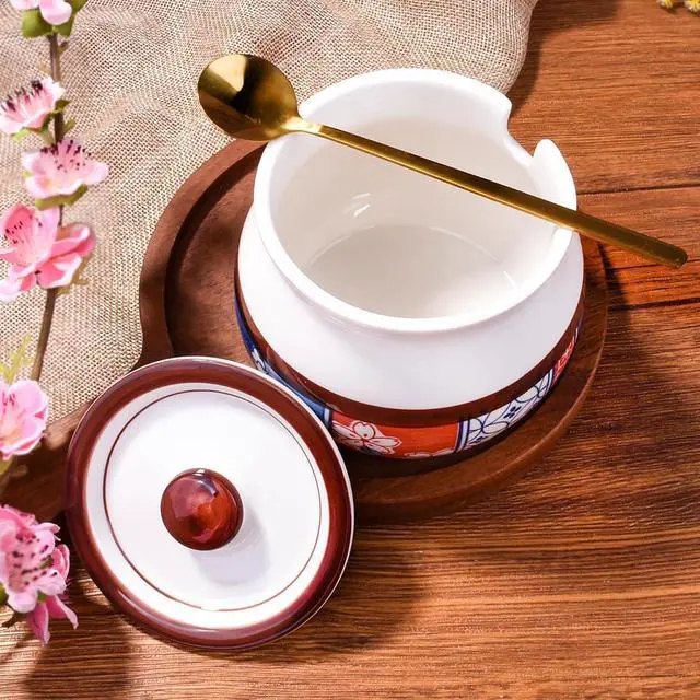 Alt view image 6 of 6 - Porcelain Sugar Bowl with Lid and Spoon, 15.2oz Ceramic Salt Container