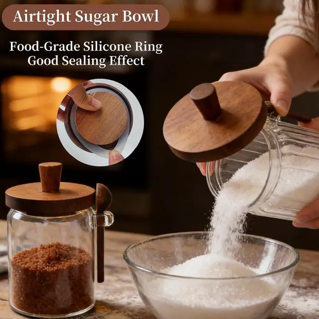 Alt view image 3 of 6 - Sugar Bowl with Lid,20 oz Sugar Container for Coffee Bar, Glass Coffee Canister, Airtight Food Storage Jar, Brown Sugar Container, Cereal Tea Salts Spice JarStripe