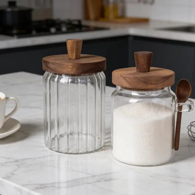 Alt view image 6 of 6 - Sugar Bowl with Lid,20 oz Sugar Container for Coffee Bar, Glass Coffee Canister, Airtight Food Storage Jar, Brown Sugar Container, Cereal Tea Salts Spice JarStripe