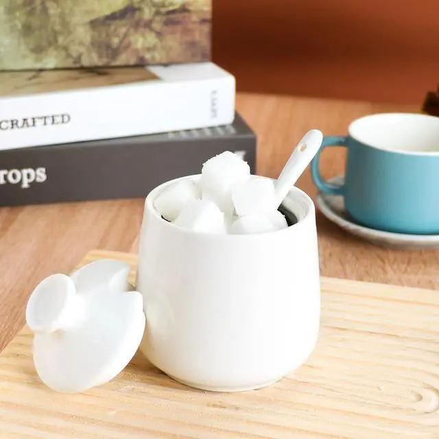 Alt view image 13 of 14 - Ceramic Sugar Bowl with Lid and Spoon, Porcelain Salt Storage Jar, White Seasoning Container for Home and Kitchen, 9 Ounces (White)