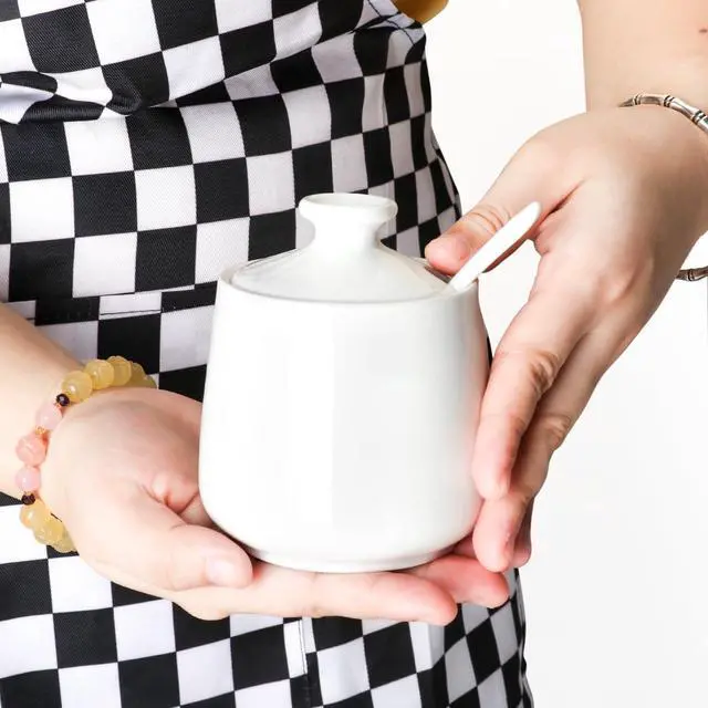 Alt view image 10 of 14 - Ceramic Sugar Bowl with Lid and Spoon, Porcelain Salt Storage Jar, White Seasoning Container for Home and Kitchen, 9 Ounces (White)