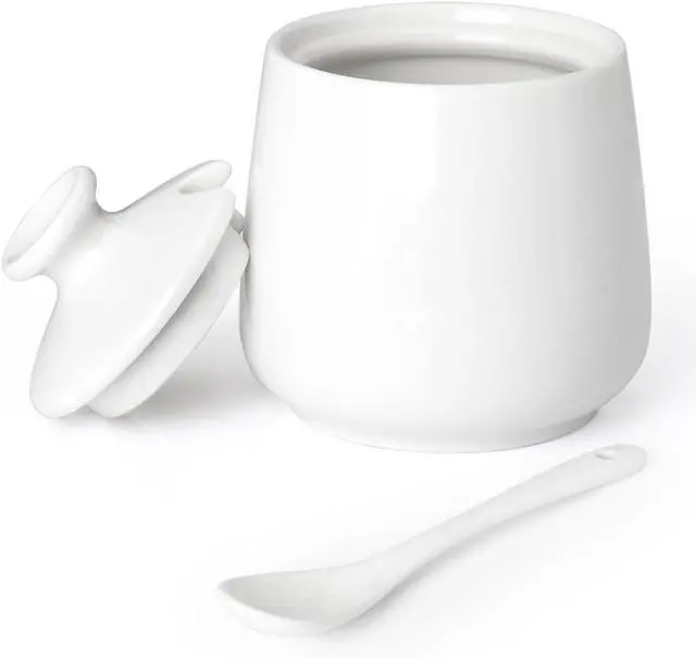 Alt view image 8 of 14 - Ceramic Sugar Bowl with Lid and Spoon, Porcelain Salt Storage Jar, White Seasoning Container for Home and Kitchen, 9 Ounces (White)