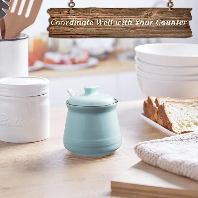 Alt view image 3 of 7 - DAYYET Sugar Bowl with Lid and Spoon, 12 oz Ceramic Sugar Bowl with Spoon, Sugar Container for Coffee Bar, Sugar Jar Sugar Dispenser Bowl, Turquoise Kitchen Decor and Accessories