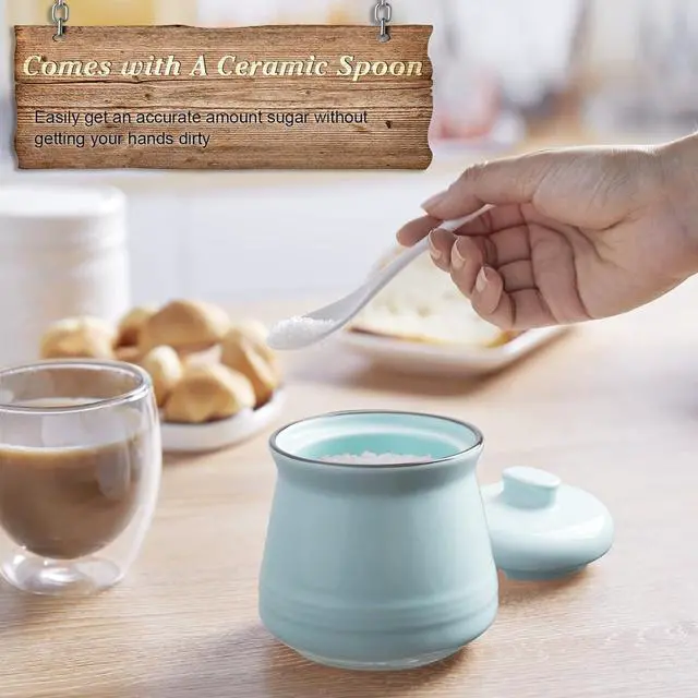 Alt view image 4 of 7 - DAYYET Sugar Bowl with Lid and Spoon, 12 oz Ceramic Sugar Bowl with Spoon, Sugar Container for Coffee Bar, Sugar Jar Sugar Dispenser Bowl, Turquoise Kitchen Decor and Accessories