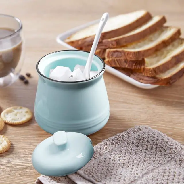 Alt view image 6 of 7 - DAYYET Sugar Bowl with Lid and Spoon, 12 oz Ceramic Sugar Bowl with Spoon, Sugar Container for Coffee Bar, Sugar Jar Sugar Dispenser Bowl, Turquoise Kitchen Decor and Accessories