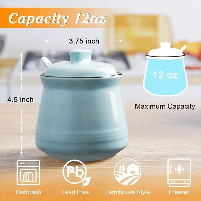 Alt view image 2 of 7 - DAYYET Sugar Bowl with Lid and Spoon, 12 oz Ceramic Sugar Bowl with Spoon, Sugar Container for Coffee Bar, Sugar Jar Sugar Dispenser Bowl, Turquoise Kitchen Decor and Accessories