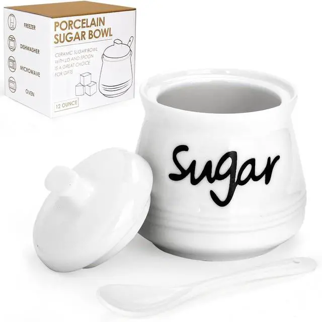 Alt view image 8 of 14 - Ceramic Sugar Bowl with Lid and Spoon, 12 Ounces Porcelain Sugar Jar Sugar Dispenser, Sugar Container for Home and Kitchen Decor (White)