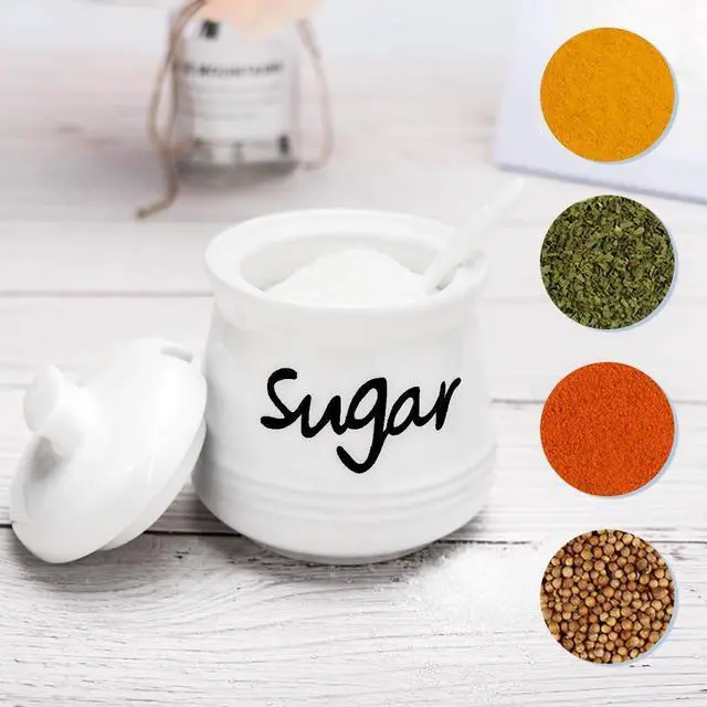 Alt view image 11 of 14 - Ceramic Sugar Bowl with Lid and Spoon, 12 Ounces Porcelain Sugar Jar Sugar Dispenser, Sugar Container for Home and Kitchen Decor (White)