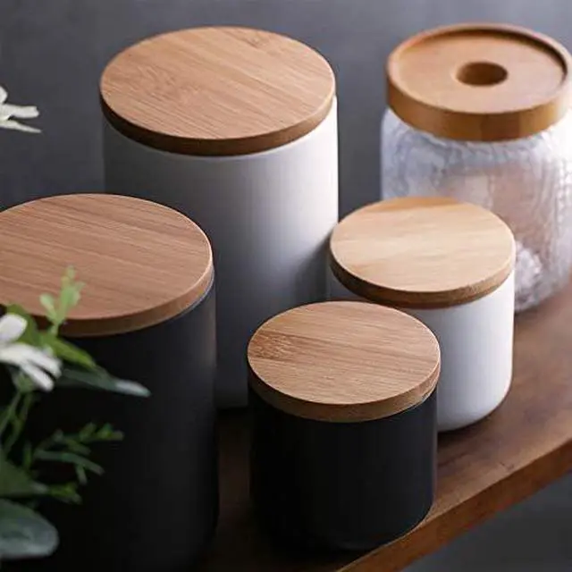 Alt view image 7 of 7 - Ceramic Pure Color Sugar Bowl Spice Jar Storage Pot with Wooden Lid