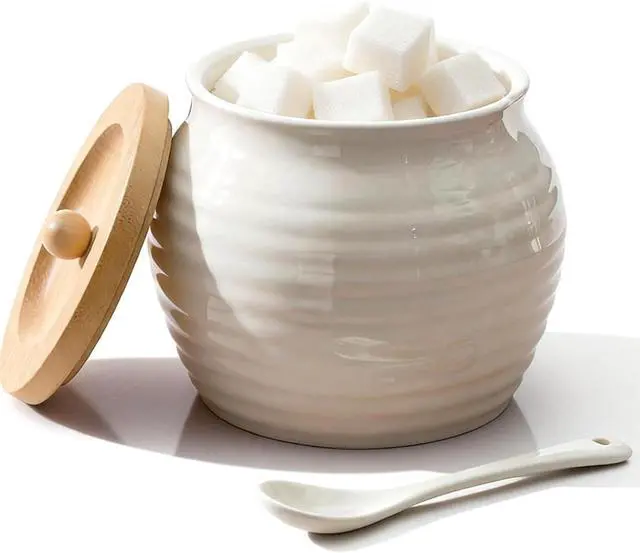 Main image of 13oz Ceramic Sugar Bowl with Lid and Spoon, Porcelain Sugar Jar with Bamboo Lid, Salt Container Jar for Coffee Bar, Countertop, Kitchen, White Seasoning Container