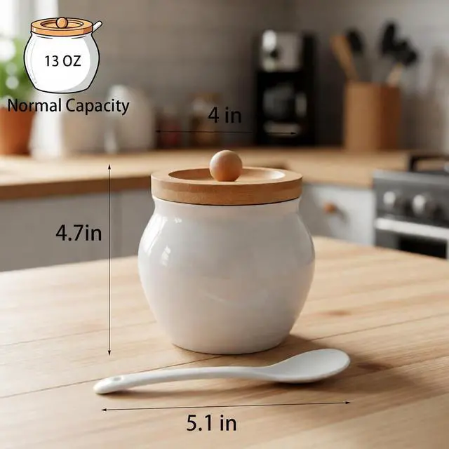 Alt view image 6 of 7 - 13oz Ceramic Sugar Bowl with Lid and Spoon, Porcelain Sugar Jar with Bamboo Lid, Salt Container Jar for Coffee Bar, Countertop, Kitchen, White Seasoning Container