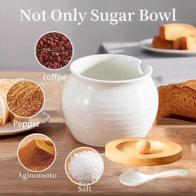 Alt view image 7 of 7 - 13oz Ceramic Sugar Bowl with Lid and Spoon, Porcelain Sugar Jar with Bamboo Lid, Salt Container Jar for Coffee Bar, Countertop, Kitchen, White Seasoning Container