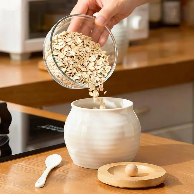 Alt view image 2 of 7 - 13oz Ceramic Sugar Bowl with Lid and Spoon, Porcelain Sugar Jar with Bamboo Lid, Salt Container Jar for Coffee Bar, Countertop, Kitchen, White Seasoning Container