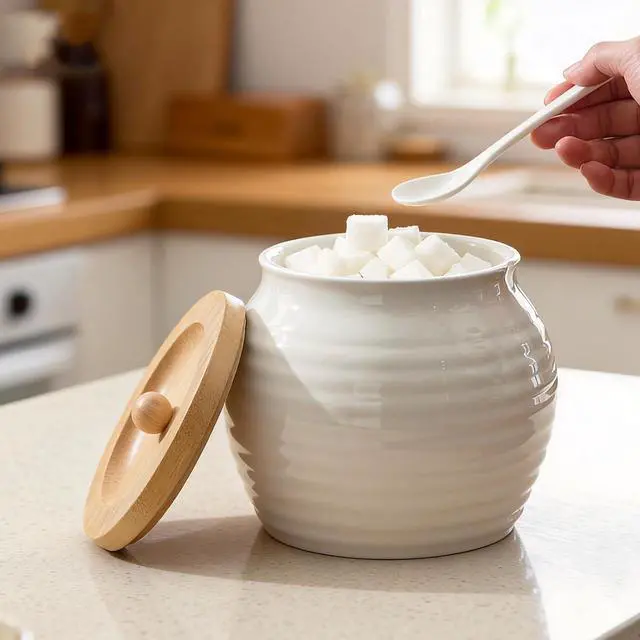 Alt view image 5 of 7 - 13oz Ceramic Sugar Bowl with Lid and Spoon, Porcelain Sugar Jar with Bamboo Lid, Salt Container Jar for Coffee Bar, Countertop, Kitchen, White Seasoning Container
