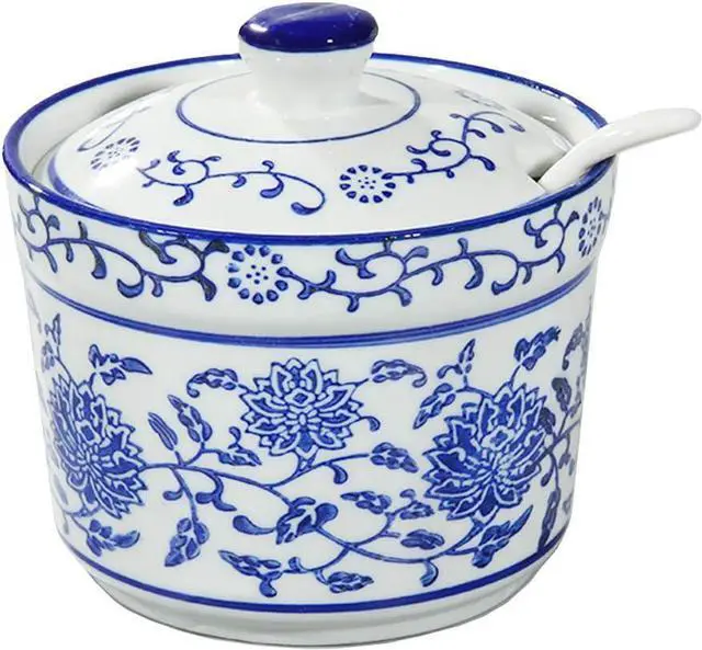 Main image of Ceramic Sugar Bowl Flower Relief Seasoning Jar Spice Jar with Lid and Spoon