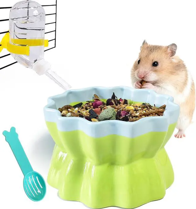 Main image of Ceramic Hamster Food Bowl Elevated Hamster Bowl Non-Tip Rat Feeding Dish with Water Bottle for Dwarf Gerbil Mouse Mice Sugar Glider (Green)