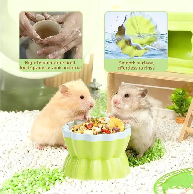 Alt view image 2 of 7 - Ceramic Hamster Food Bowl Elevated Hamster Bowl Non-Tip Rat Feeding Dish with Water Bottle for Dwarf Gerbil Mouse Mice Sugar Glider (Green)