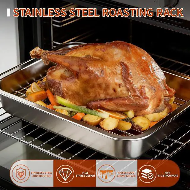 Alt view image 2 of 7 - Roasting Rack for 9x13 Inch Pan, Stainless Steel Roasting Rack Insert, with Parallel Wires and Raised Feet, Keeps Food Elevated for Even Broiling, Easy to Clean, Ideal for Chicken, Turkey and Meat