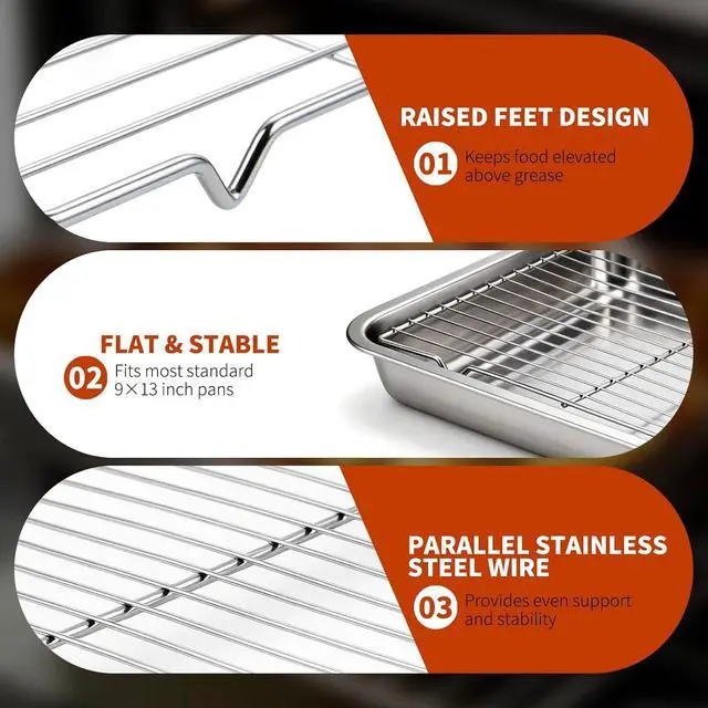 Alt view image 3 of 7 - Roasting Rack for 9x13 Inch Pan, Stainless Steel Roasting Rack Insert, with Parallel Wires and Raised Feet, Keeps Food Elevated for Even Broiling, Easy to Clean, Ideal for Chicken, Turkey and Meat