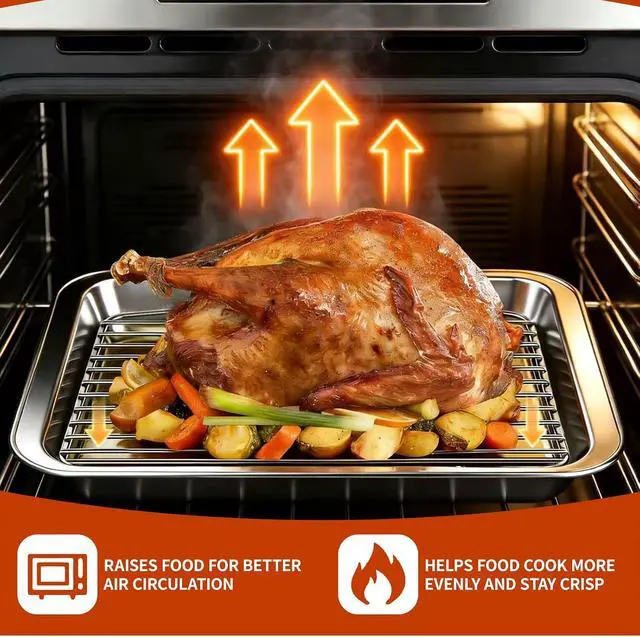 Alt view image 4 of 7 - Roasting Rack for 9x13 Inch Pan, Stainless Steel Roasting Rack Insert, with Parallel Wires and Raised Feet, Keeps Food Elevated for Even Broiling, Easy to Clean, Ideal for Chicken, Turkey and Meat