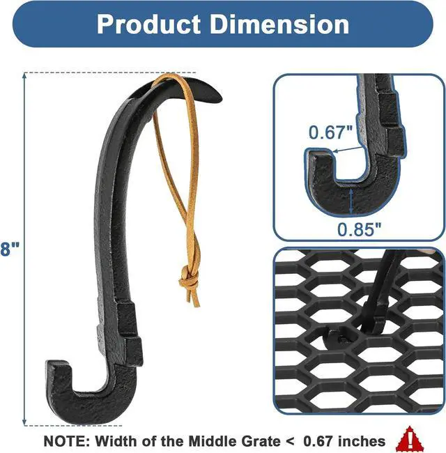 Alt view image 2 of 7 - Cast Iron Grill Grate Lifter-Universal Barbecue Grid Lifter for Most Grills
