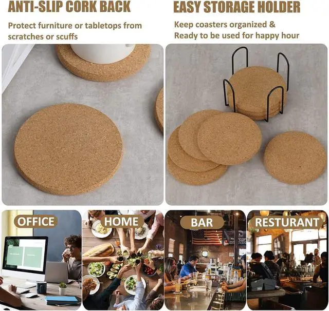 Alt view image 6 of 7 - 8 Pcs Drink Coasters with Holder, Thicker Cork Coasters for Drinks Absorbent for Coffee Table Wooden Coaster Set Tabletop Protection Cup Mat Bar Kitchen Living Room House Home Decor Housewarming Gift