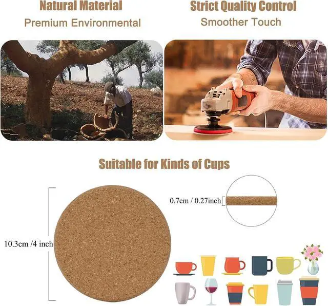 Alt view image 5 of 7 - 8 Pcs Drink Coasters with Holder, Thicker Cork Coasters for Drinks Absorbent for Coffee Table Wooden Coaster Set Tabletop Protection Cup Mat Bar Kitchen Living Room House Home Decor Housewarming Gift