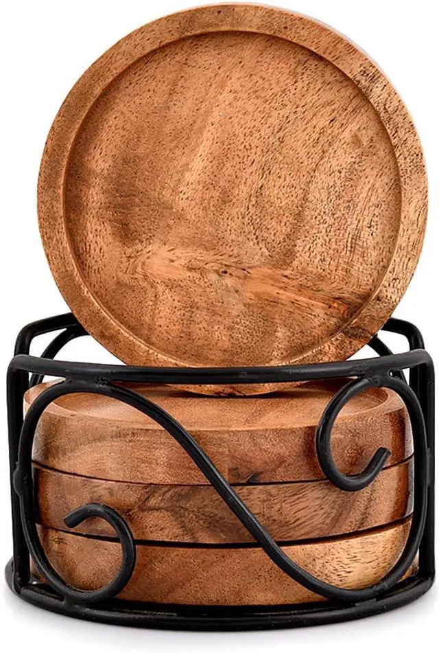 Alt view image 2 of 5 - EDHAS Acacia Wood Coaster Set of 4 with Iron Holder for Tea, Drinks, Mugs, Cans, Glasses for Any Table Type (4" x 4" x 0.5")