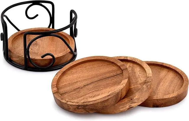 Alt view image 3 of 5 - EDHAS Acacia Wood Coaster Set of 4 with Iron Holder for Tea, Drinks, Mugs, Cans, Glasses for Any Table Type (4" x 4" x 0.5")