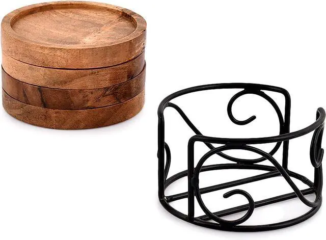 Alt view image 4 of 5 - EDHAS Acacia Wood Coaster Set of 4 with Iron Holder for Tea, Drinks, Mugs, Cans, Glasses for Any Table Type (4" x 4" x 0.5")