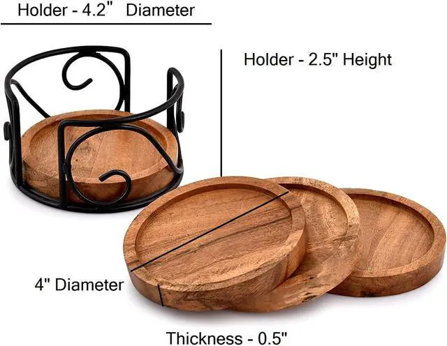 Alt view image 5 of 5 - EDHAS Acacia Wood Coaster Set of 4 with Iron Holder for Tea, Drinks, Mugs, Cans, Glasses for Any Table Type (4" x 4" x 0.5")
