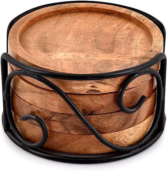 Main image of EDHAS Acacia Wood Coaster Set of 4 with Iron Holder for Tea, Drinks, Mugs, Cans, Glasses for Any Table Type (4" x 4" x 0.5")