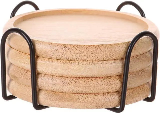 Main image of 4 Inch Bamboo Drink Coasters Set with Holder, Non-slip and non-stick,Protect furniture from water stains and heat damageSuitable for dining tables, kitchens, offices, Bars,Terrace. 4 Pack