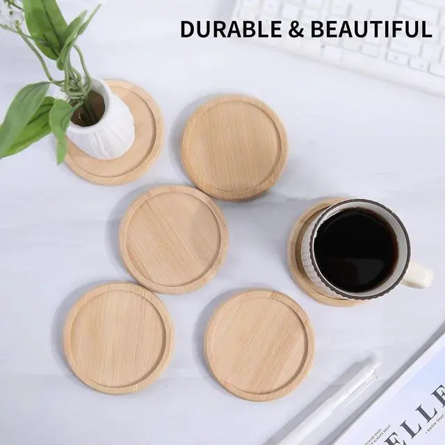 Alt view image 2 of 7 - 4 Inch Bamboo Drink Coasters Set with Holder, Non-slip and non-stick,Protect furniture from water stains and heat damageSuitable for dining tables, kitchens, offices, Bars,Terrace. 4 Pack