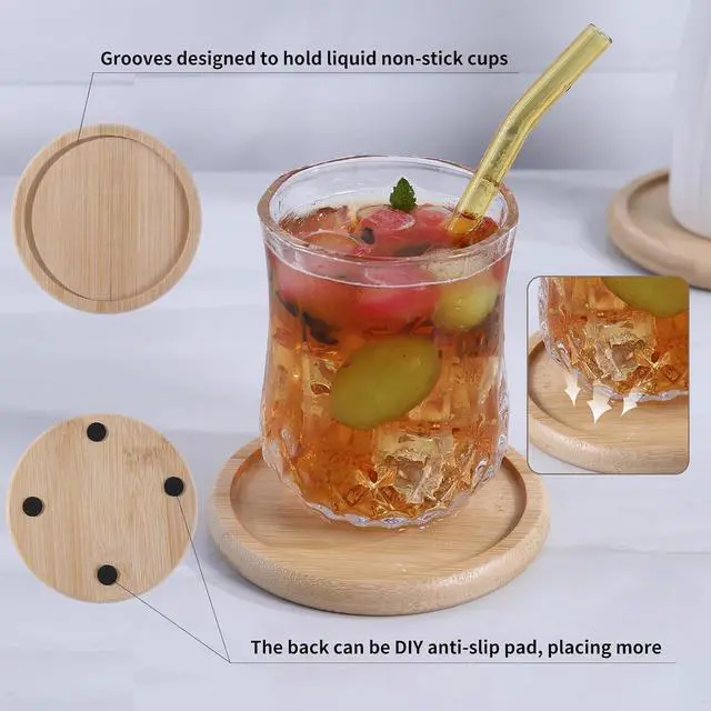 Alt view image 4 of 7 - 4 Inch Bamboo Drink Coasters Set with Holder, Non-slip and non-stick,Protect furniture from water stains and heat damageSuitable for dining tables, kitchens, offices, Bars,Terrace. 4 Pack