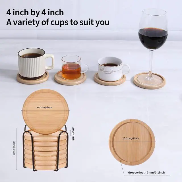 Alt view image 3 of 7 - 4 Inch Bamboo Drink Coasters Set with Holder, Non-slip and non-stick,Protect furniture from water stains and heat damageSuitable for dining tables, kitchens, offices, Bars,Terrace. 4 Pack