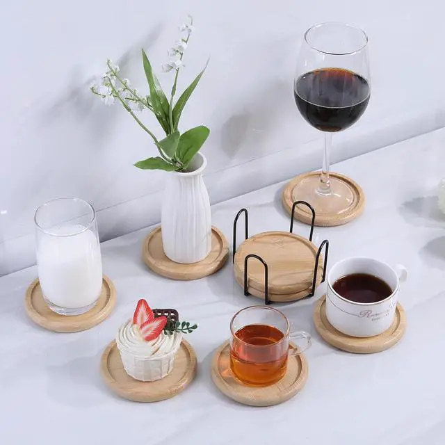 Alt view image 5 of 7 - 4 Inch Bamboo Drink Coasters Set with Holder, Non-slip and non-stick,Protect furniture from water stains and heat damageSuitable for dining tables, kitchens, offices, Bars,Terrace. 4 Pack