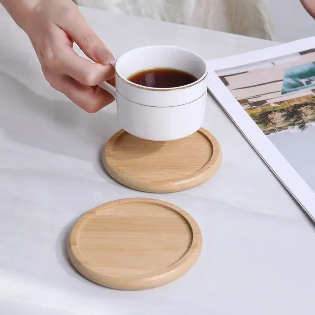 Alt view image 7 of 7 - 4 Inch Bamboo Drink Coasters Set with Holder, Non-slip and non-stick,Protect furniture from water stains and heat damageSuitable for dining tables, kitchens, offices, Bars,Terrace. 4 Pack