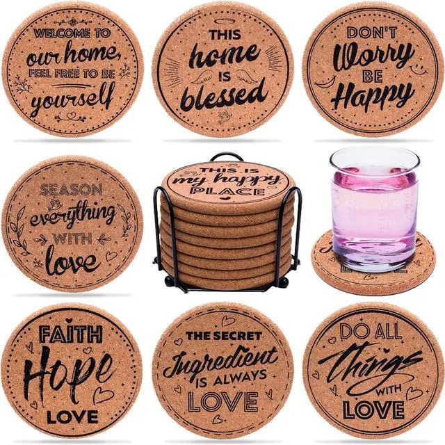 Main image of Cork Coasters for Drinks Absorbent with Holder - Cute & Funny Set of 8 Large Round Outdoor Cup Wooden Table Protection, Coffee Trivet, Cups and Mugs Cool Drink Coaster Gift
