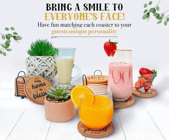 Alt view image 3 of 7 - Cork Coasters for Drinks Absorbent with Holder - Cute & Funny Set of 8 Large Round Outdoor Cup Wooden Table Protection, Coffee Trivet, Cups and Mugs Cool Drink Coaster Gift