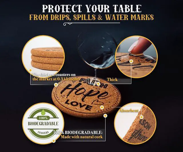 Alt view image 5 of 7 - Cork Coasters for Drinks Absorbent with Holder - Cute & Funny Set of 8 Large Round Outdoor Cup Wooden Table Protection, Coffee Trivet, Cups and Mugs Cool Drink Coaster Gift
