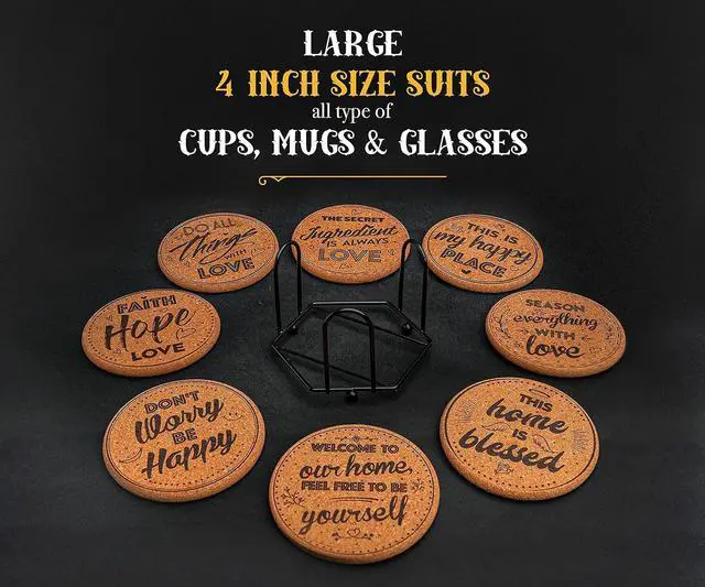 Alt view image 4 of 7 - Cork Coasters for Drinks Absorbent with Holder - Cute & Funny Set of 8 Large Round Outdoor Cup Wooden Table Protection, Coffee Trivet, Cups and Mugs Cool Drink Coaster Gift