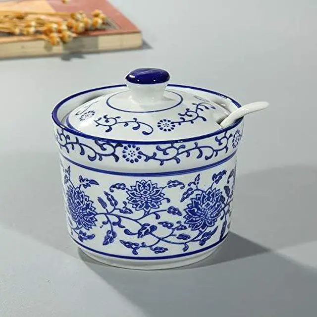 Alt view image 4 of 6 - Ceramic Sugar Bowl Flower Relief Seasoning Jar Spice Jar with Lid and Spoon