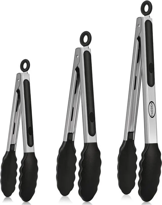 Main image of TACGEA Stainless Steel Kitchen Tongs with Silicone Tips, Locking Grilling Food Tongs, 7" 9" and 12", Set of 3 Black