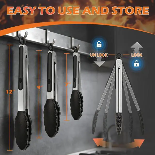 Alt view image 4 of 7 - TACGEA Stainless Steel Kitchen Tongs with Silicone Tips, Locking Grilling Food Tongs, 7" 9" and 12", Set of 3 Black